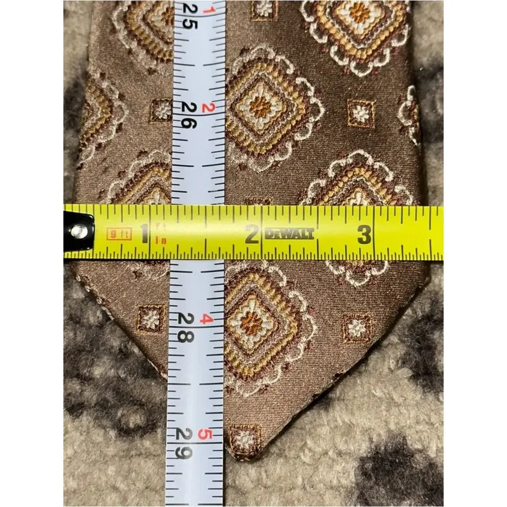 Bruno Piattelli Roma Vintage Tan Brown Textured Geo Print Silk Necktie Tie